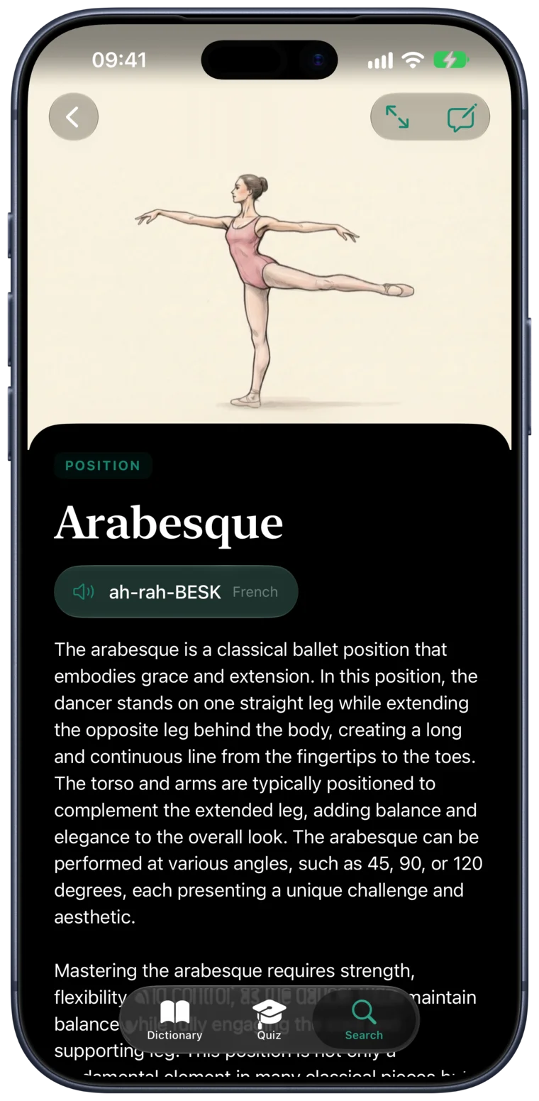 The Arabesque entry in BalletLingo on iPhone, with a sketch of the position, its pronunciation and description