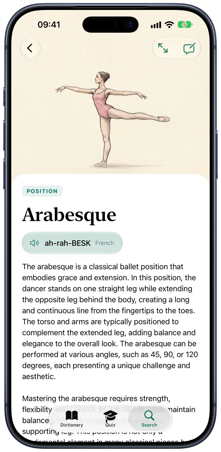 The Arabesque entry in BalletLingo on iPhone, with a sketch of the position, its pronunciation and description