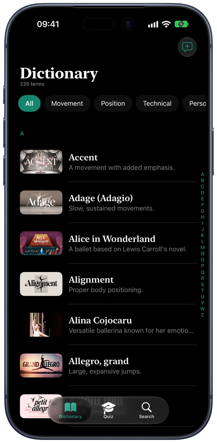 The BalletLingo dictionary on iPhone, listing terms A to Z with artwork and category filters