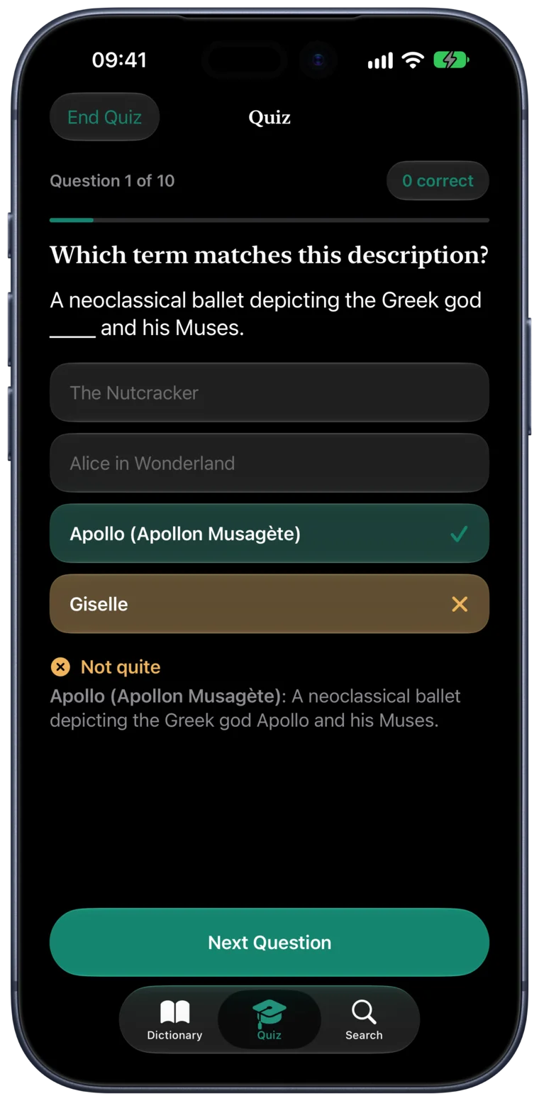 A BalletLingo quiz question marked: a neoclassical ballet depicting the Greek god Apollo and his Muses. Giselle is wrong, in amber, and Apollo (Apollon Musagète) is right, in teal