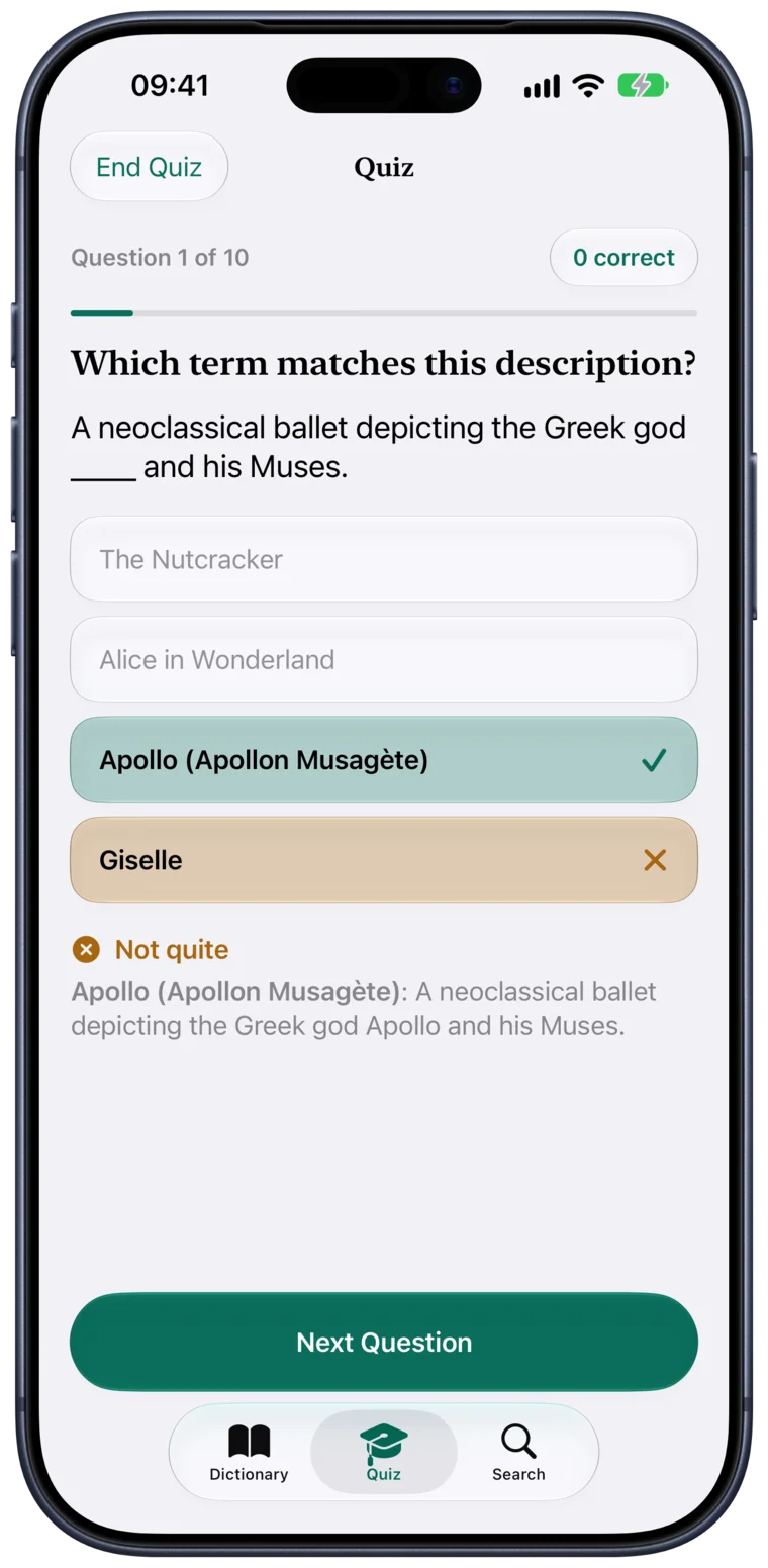 A BalletLingo quiz question marked: a neoclassical ballet depicting the Greek god Apollo and his Muses. Giselle is wrong, in amber, and Apollo (Apollon Musagète) is right, in teal