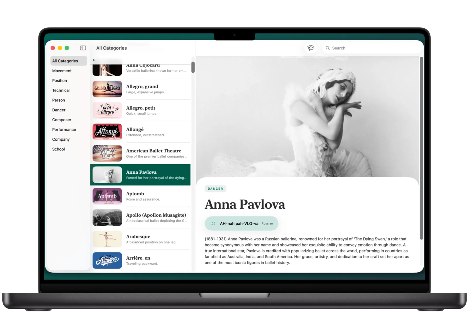 BalletLingo on Mac: categories in the sidebar, the dictionary list, and the Anna Pavlova profile with her photo, pronunciation and biography